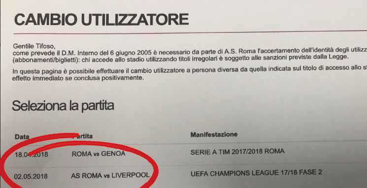detalhe do site da Roma anunciando Roma x Liverpool