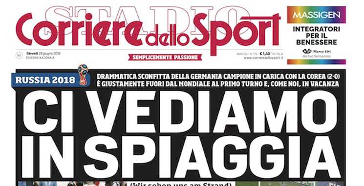 Capa do Corriere Dello Sport Eliminação da Alemanha