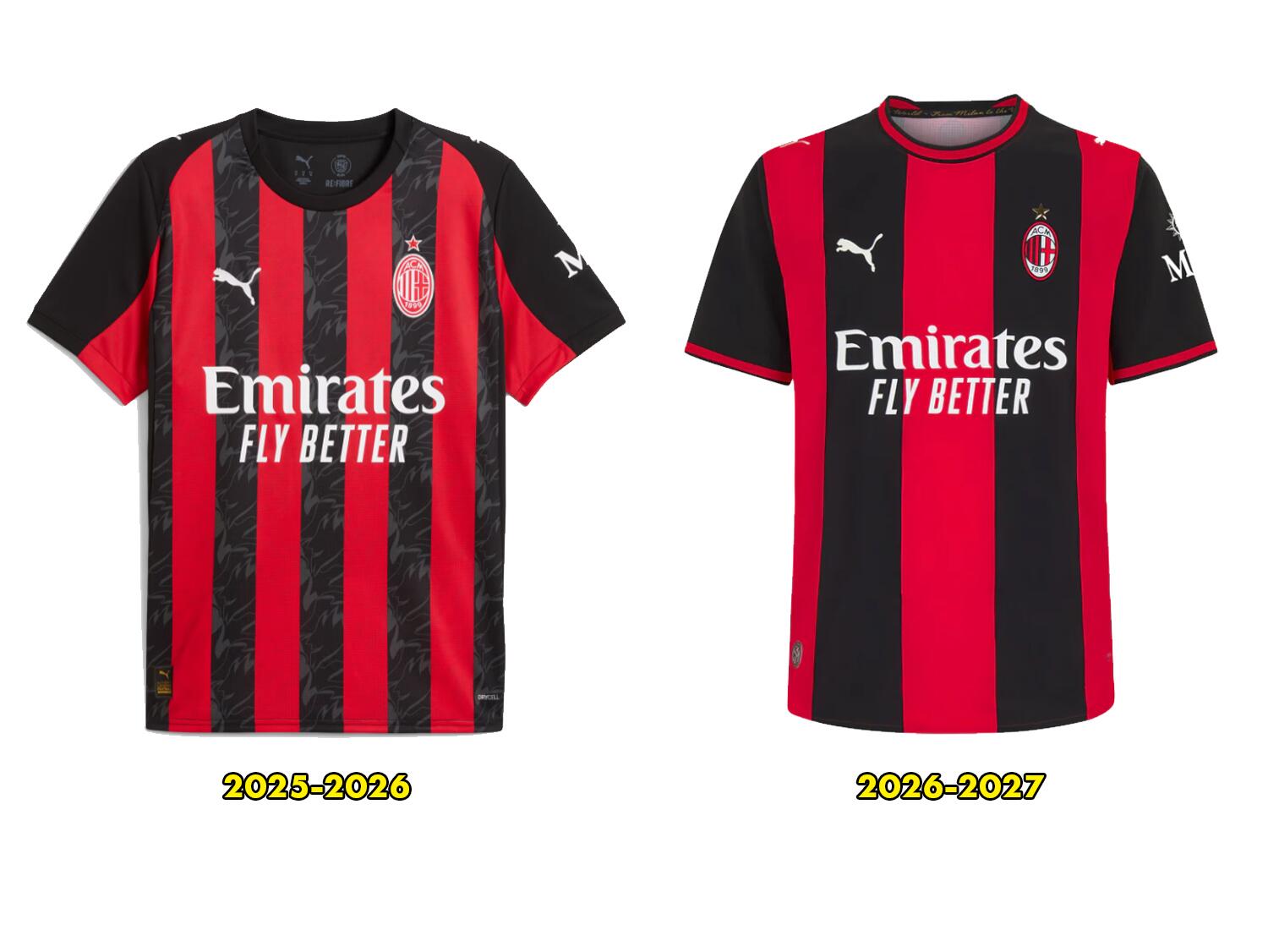 Comparativo camisa do Milan 2025-2026 vs 2026-2027